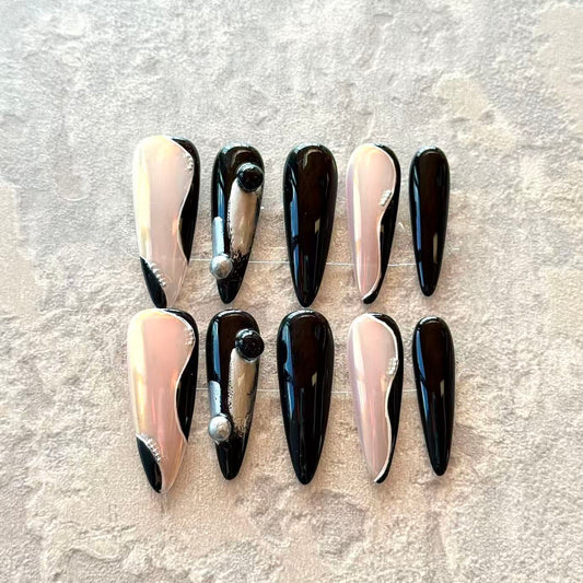 Noir Éclipse – Black & Nude Luxury Press-On Nails with Metallic Orbs