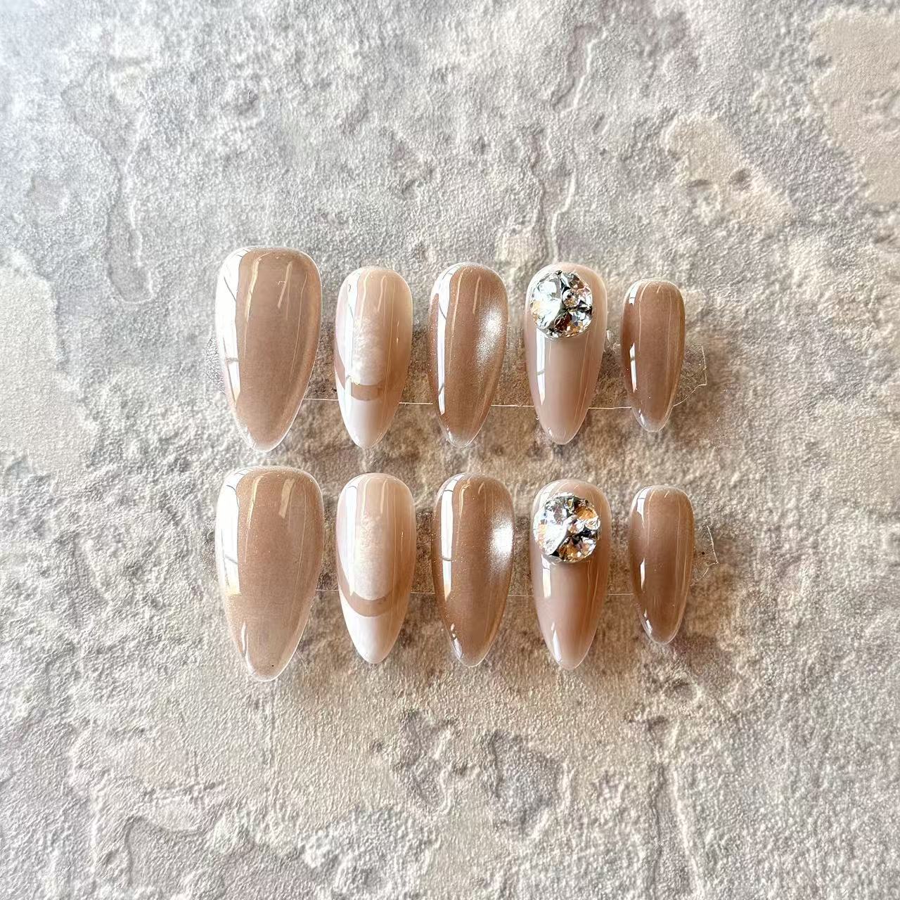 Brun Élégance – Nude Brown Luxury Press-On Nails with Crystal Gem Accent – Almond Shape