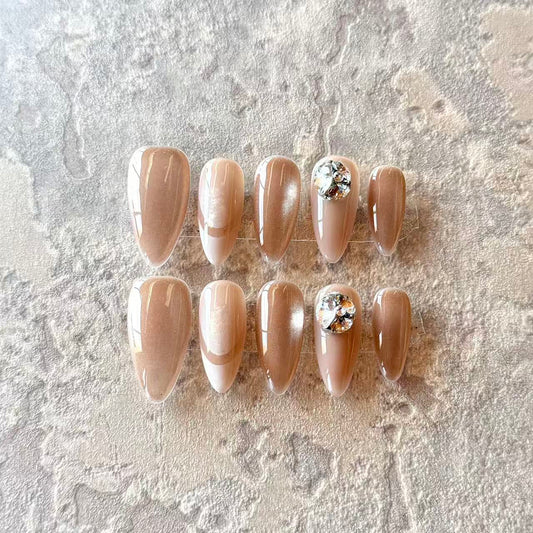 Brun Élégance – Nude Brown Luxury Press-On Nails with Crystal Gem Accent – Almond Shape