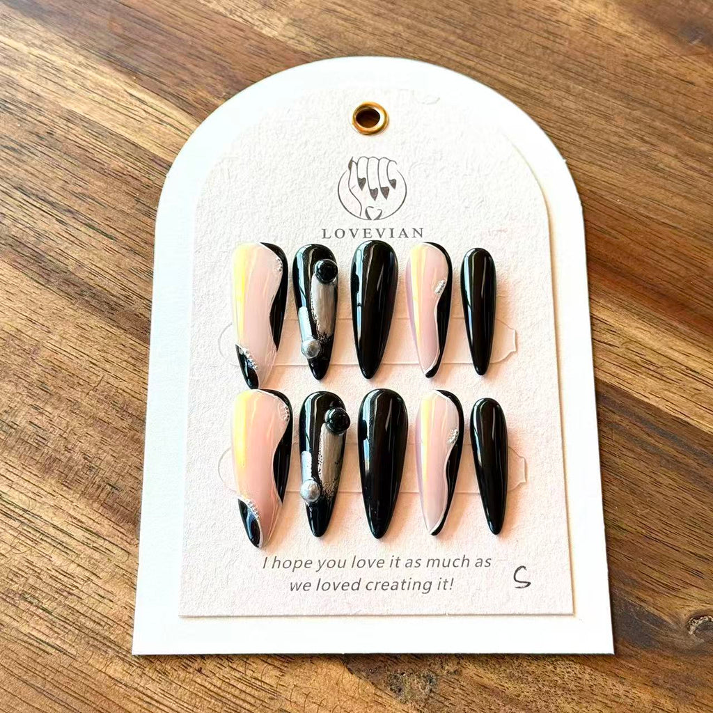 Noir Éclipse – Black & Nude Luxury Press-On Nails with Metallic Orbs