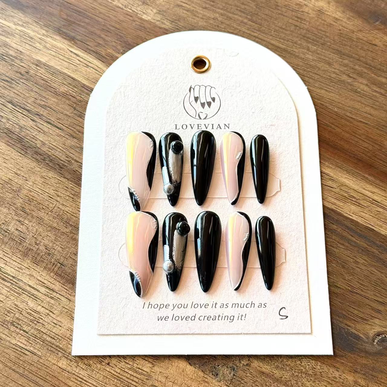 Noir Éclipse – Black & Nude Luxury Press-On Nails with Metallic Orbs