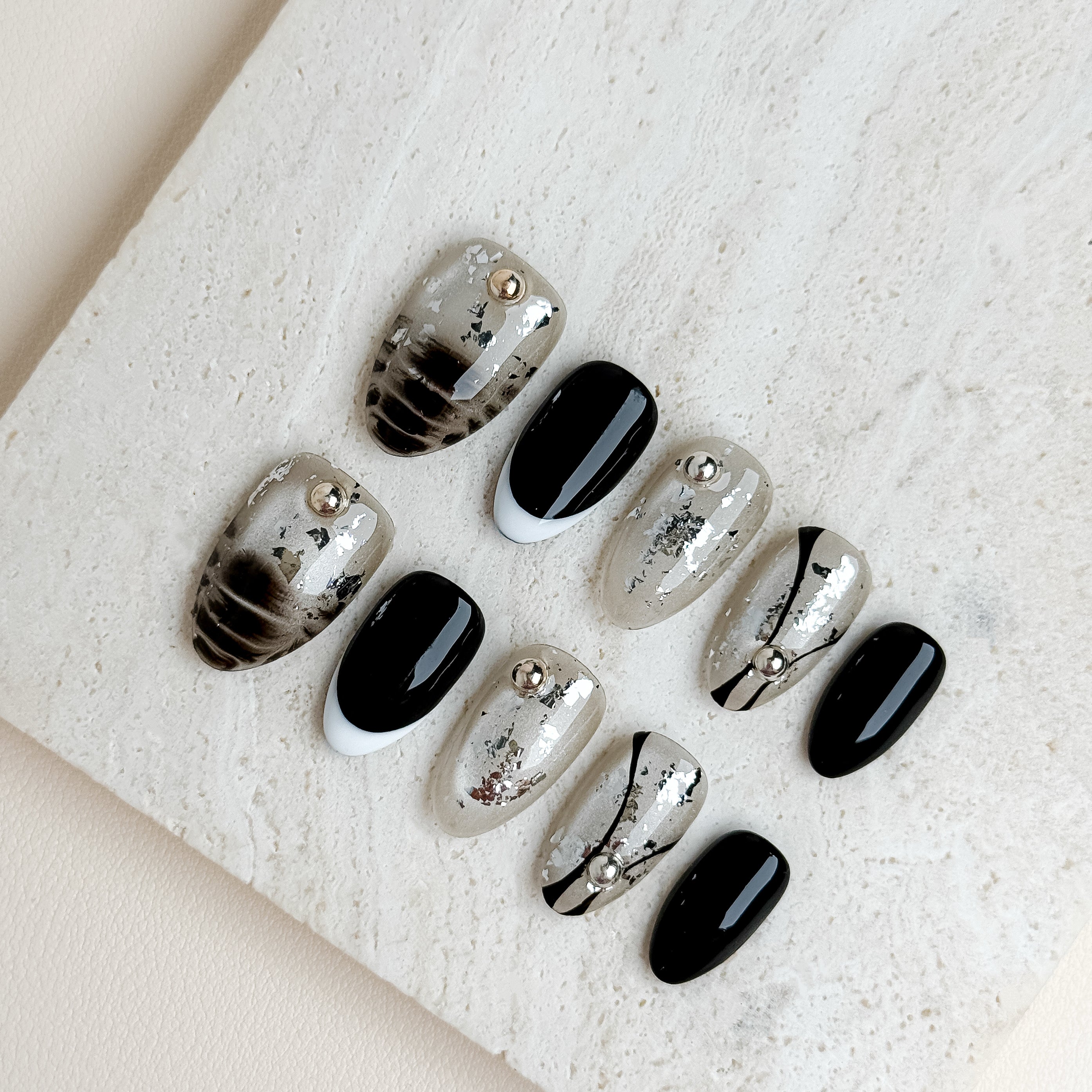 Midnight Silver Medium Almond Luxury Press-On Nails
