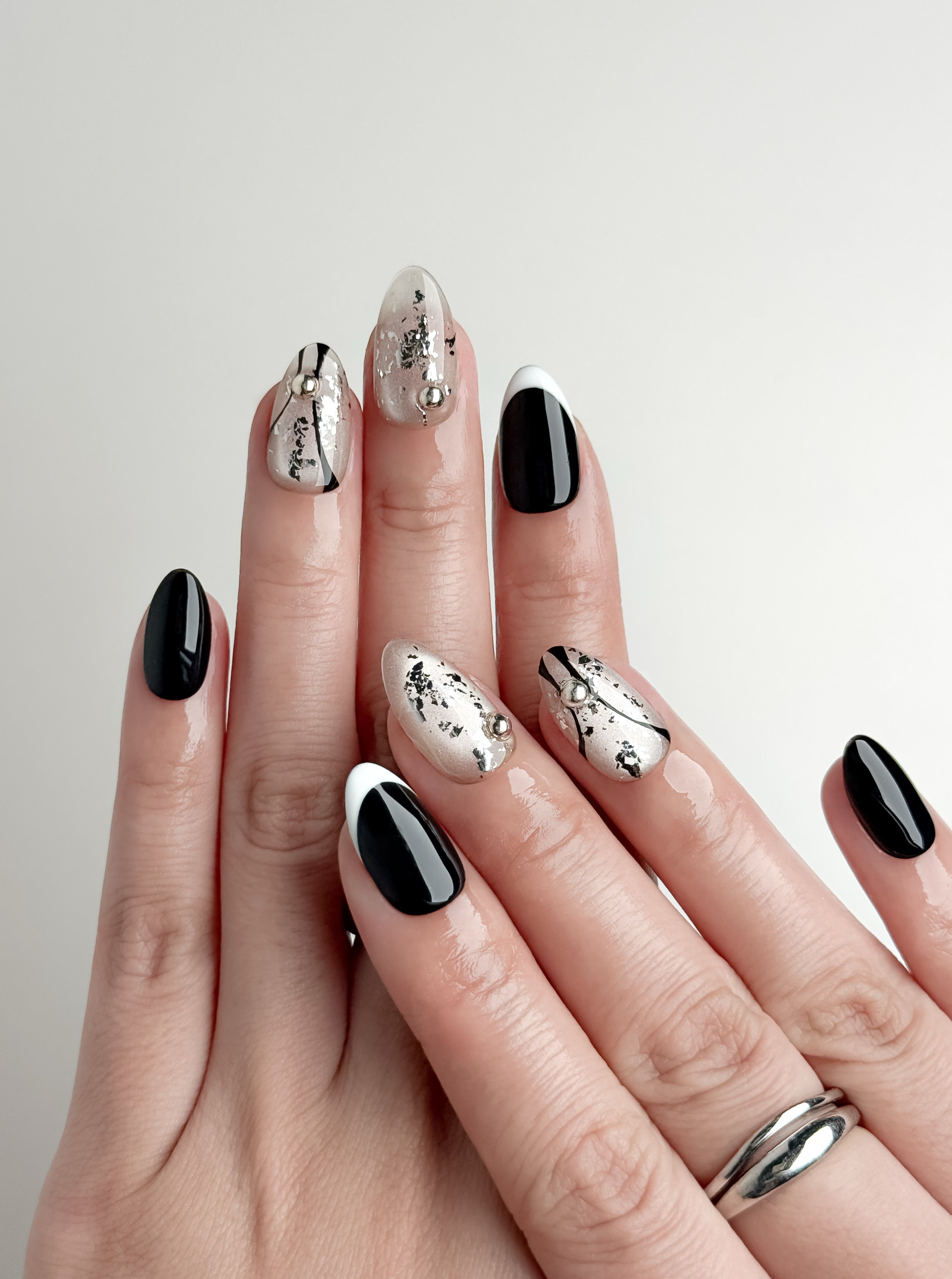 Midnight Silver Medium Almond Luxury Press-On Nails