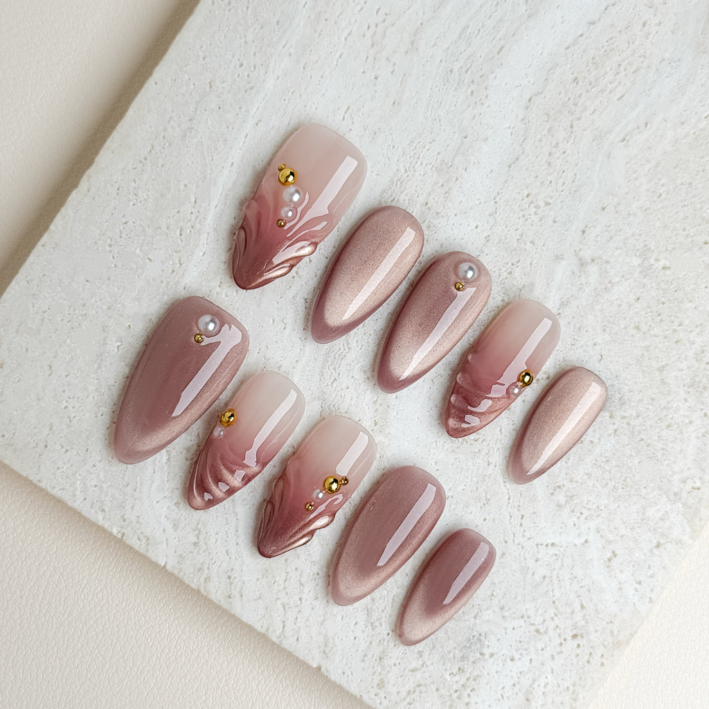 Rosé Mermaid Medium Almond Press-On Nails – Nude Pink Pearl Handmade Nails