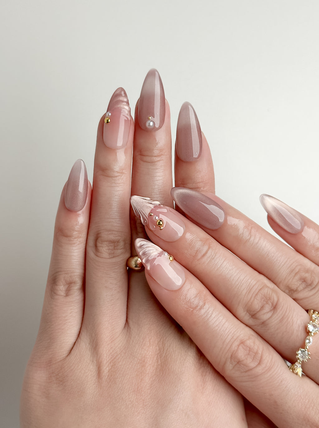 Rosé Mermaid Medium Almond Press-On Nails – Nude Pink Pearl Handmade Nails