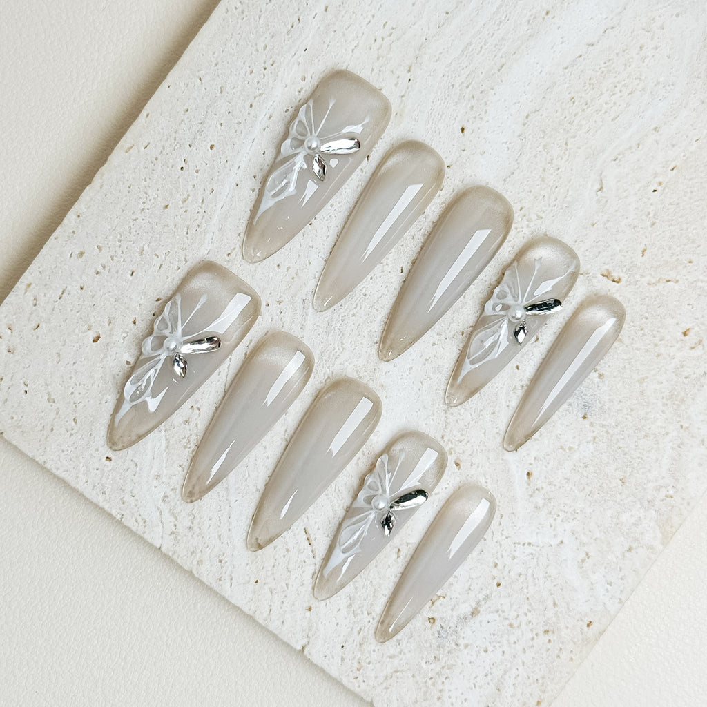 Ivory Bloom Wedding Long Stiletto Milky Nude Press-On Nails