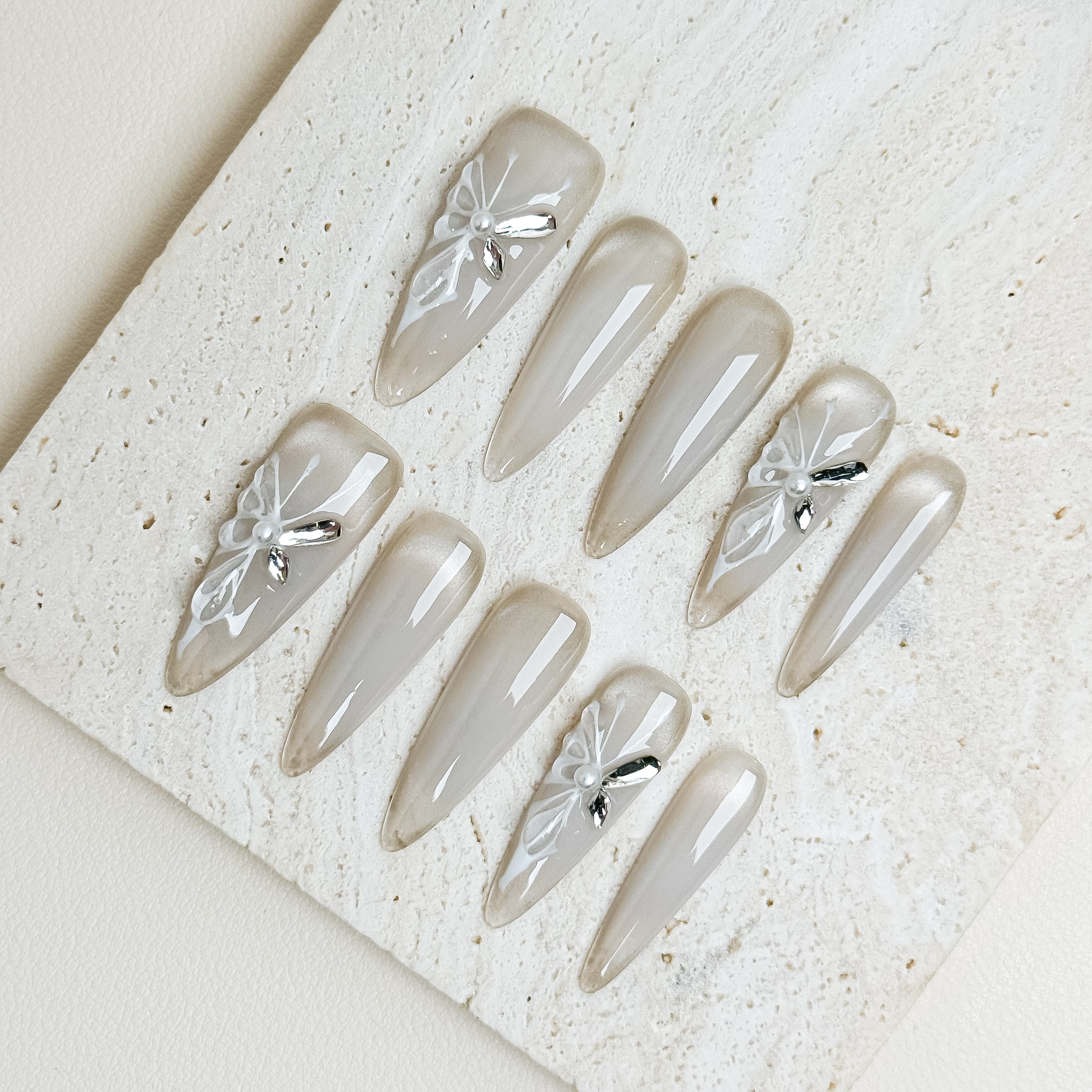 Ivory Bloom Wedding Long Stiletto Milky Nude Press-On Nails