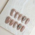 Champagne Crystal Medium Almond Press-On Nails – Nude Grey Crystal Handmade Nails