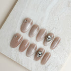 Champagne Crystal Medium Almond Press-On Nails – Nude Grey Crystal Handmade Nails