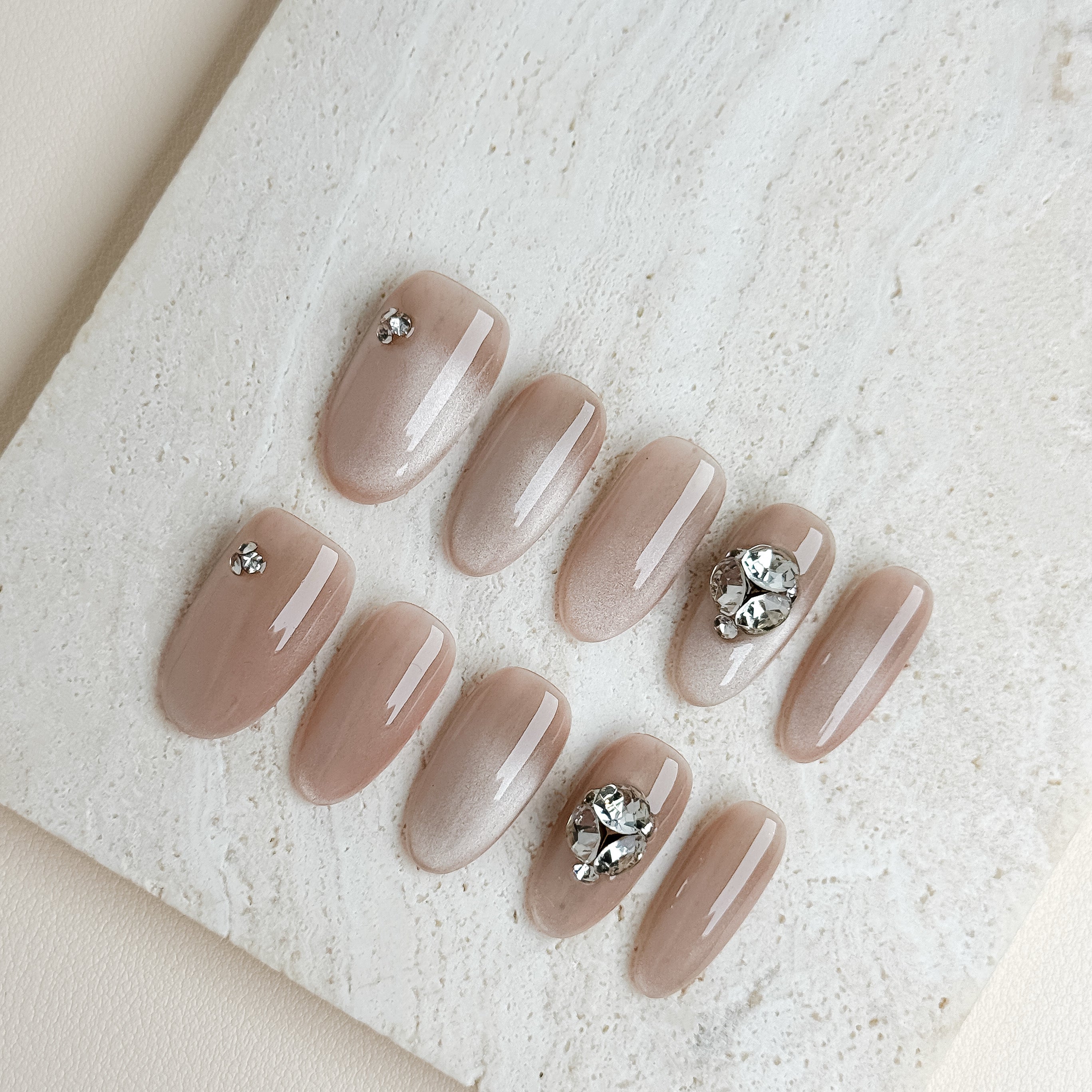 Champagne Crystal Medium Almond Press-On Nails – Nude Grey Crystal Handmade Nails
