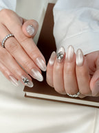 Champagne Crystal Medium Almond Press-On Nails – Nude Grey Crystal Handmade Nails