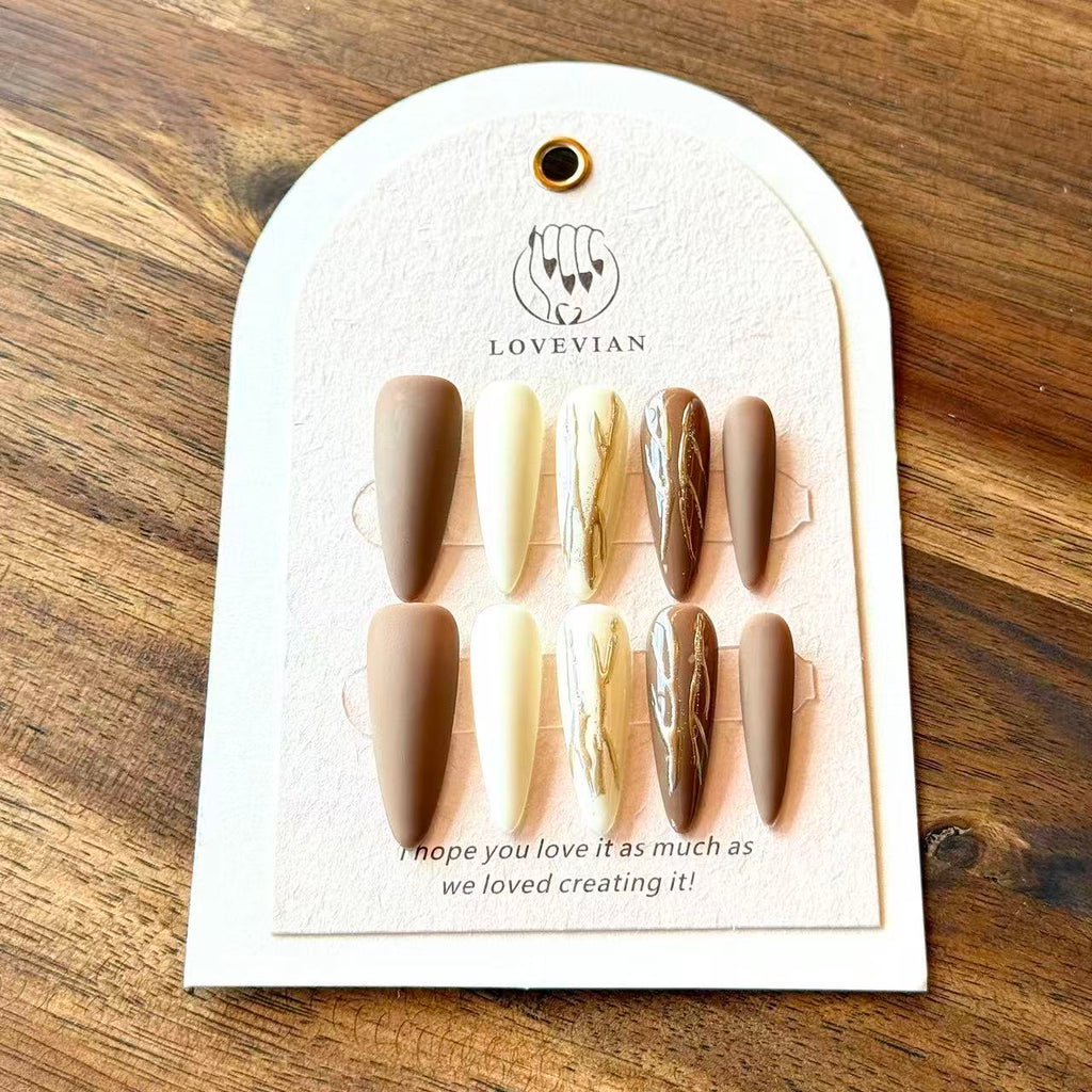 Terra Élégance – Brown & Ivory Marble Press-On Nails with Golden Veins