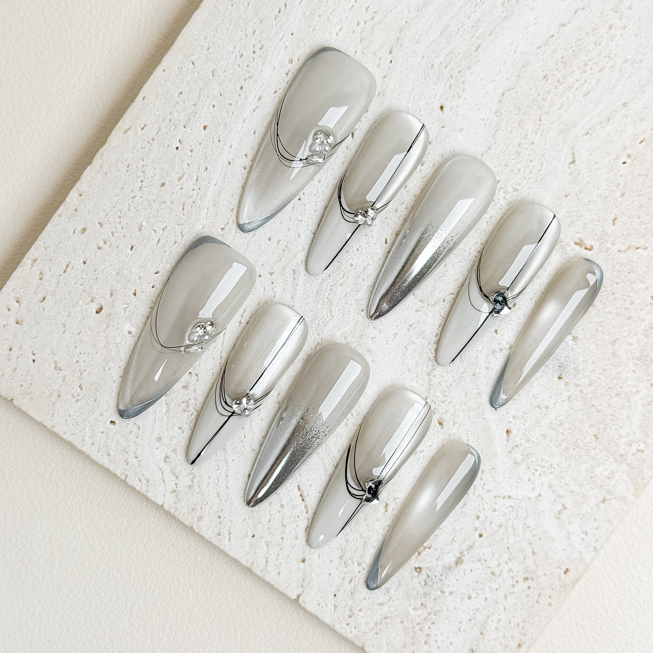 Silver Trace Office Long Stiletto Grey Nude Press-On Nails