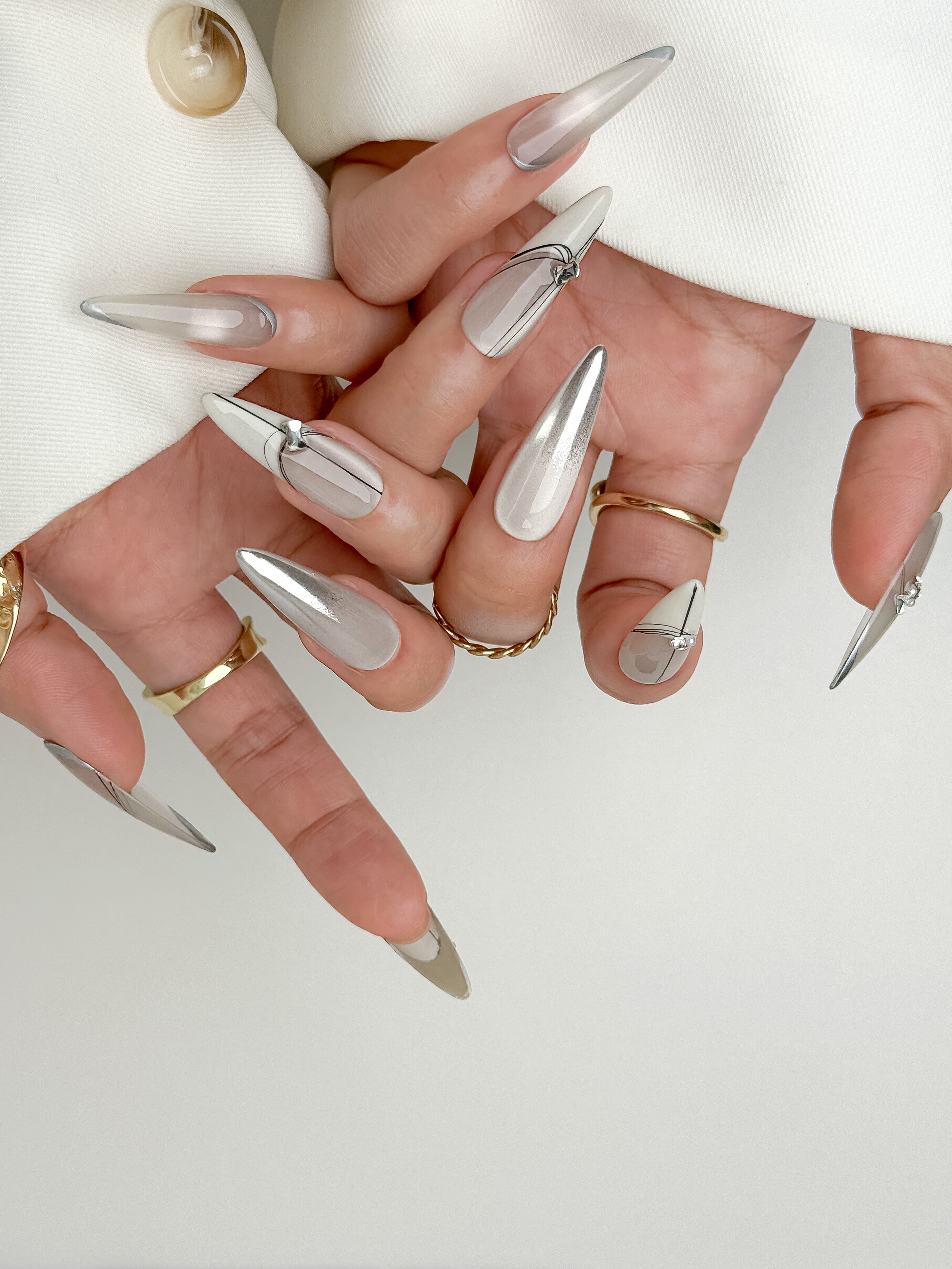 Silver Trace Office Long Stiletto Grey Nude Press-On Nails
