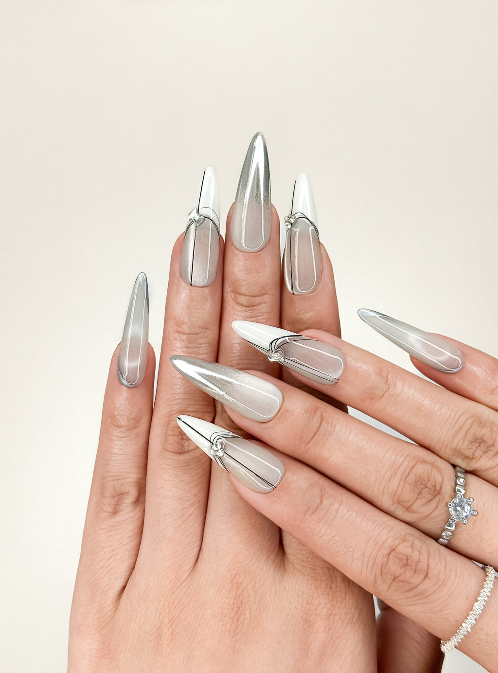 Silver Trace Office Long Stiletto Grey Nude Press-On Nails