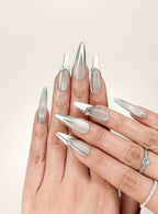 Silver Trace Office Long Stiletto Grey Nude Press-On Nails