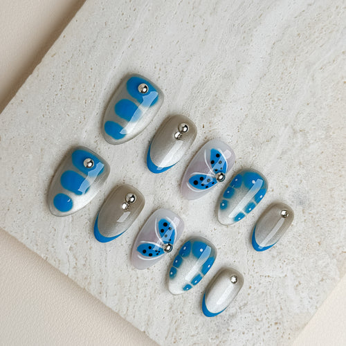 Azure Butterfly Short Almond Silver Blue Press-On Nails