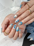 Azure Butterfly Short Almond Silver Blue Press-On Nails