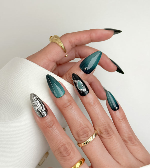 Emerald Obsidian Long Almond Press-On Nails – Emerald Green Black Chrome Handmade Nails