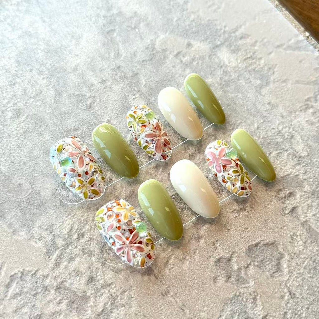 Jardin en Fleurs – Green & Ivory Press-On Nails with Handcrafted 3D Floral Garden