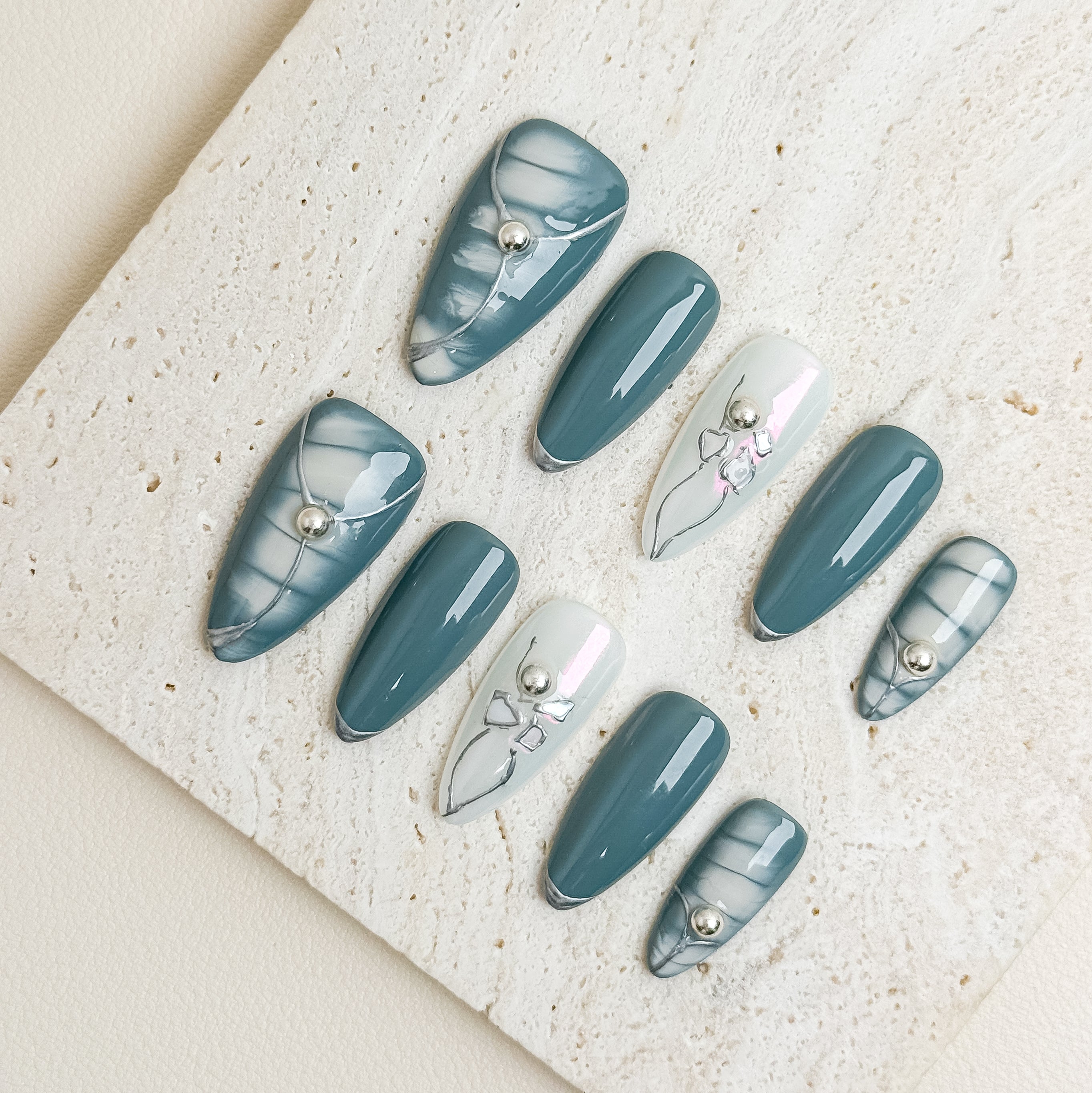 Sage Teal Plaid Pearl Long Almond Press-On Nails