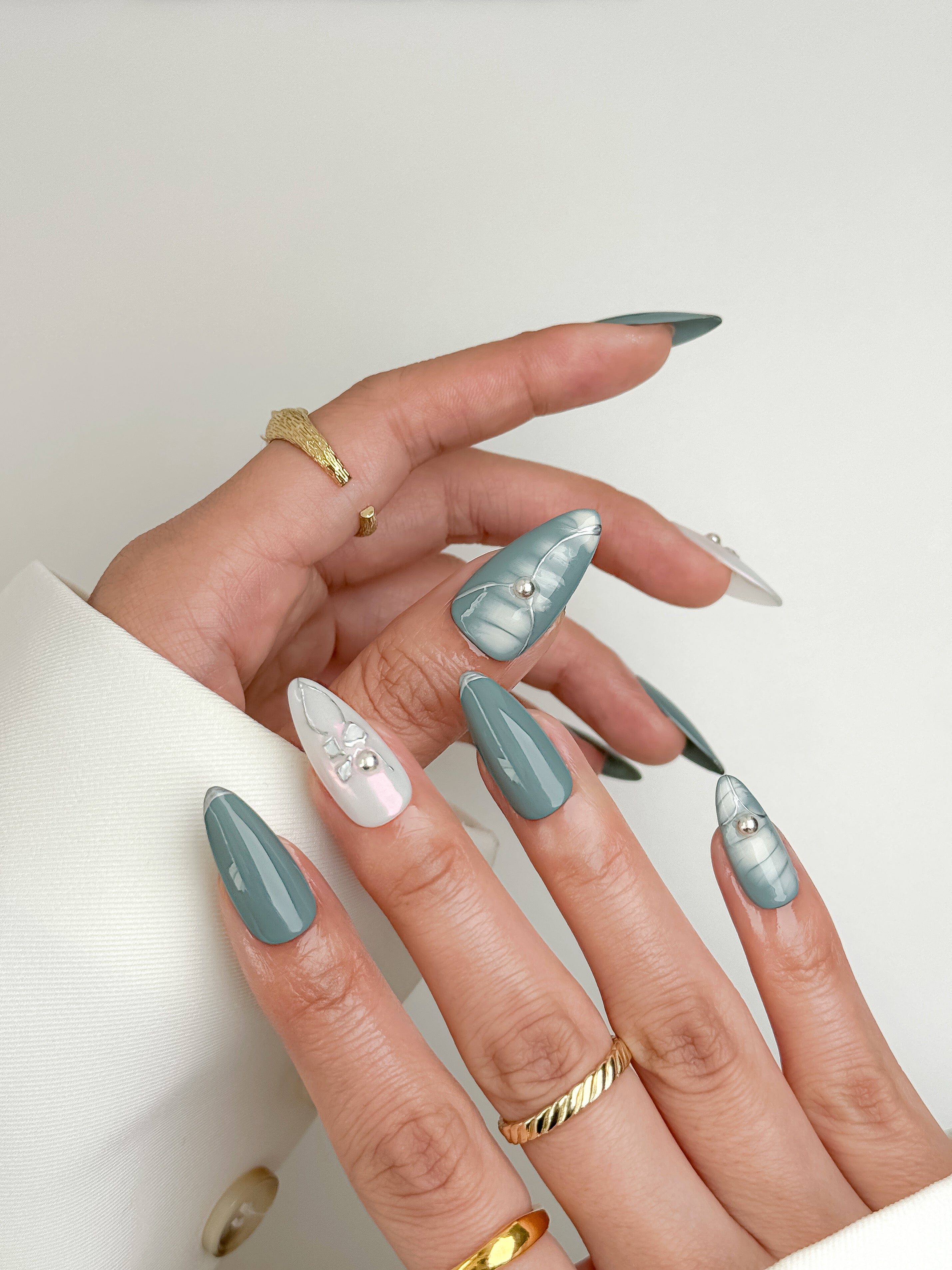 Sage Teal Plaid Pearl Long Almond Press-On Nails