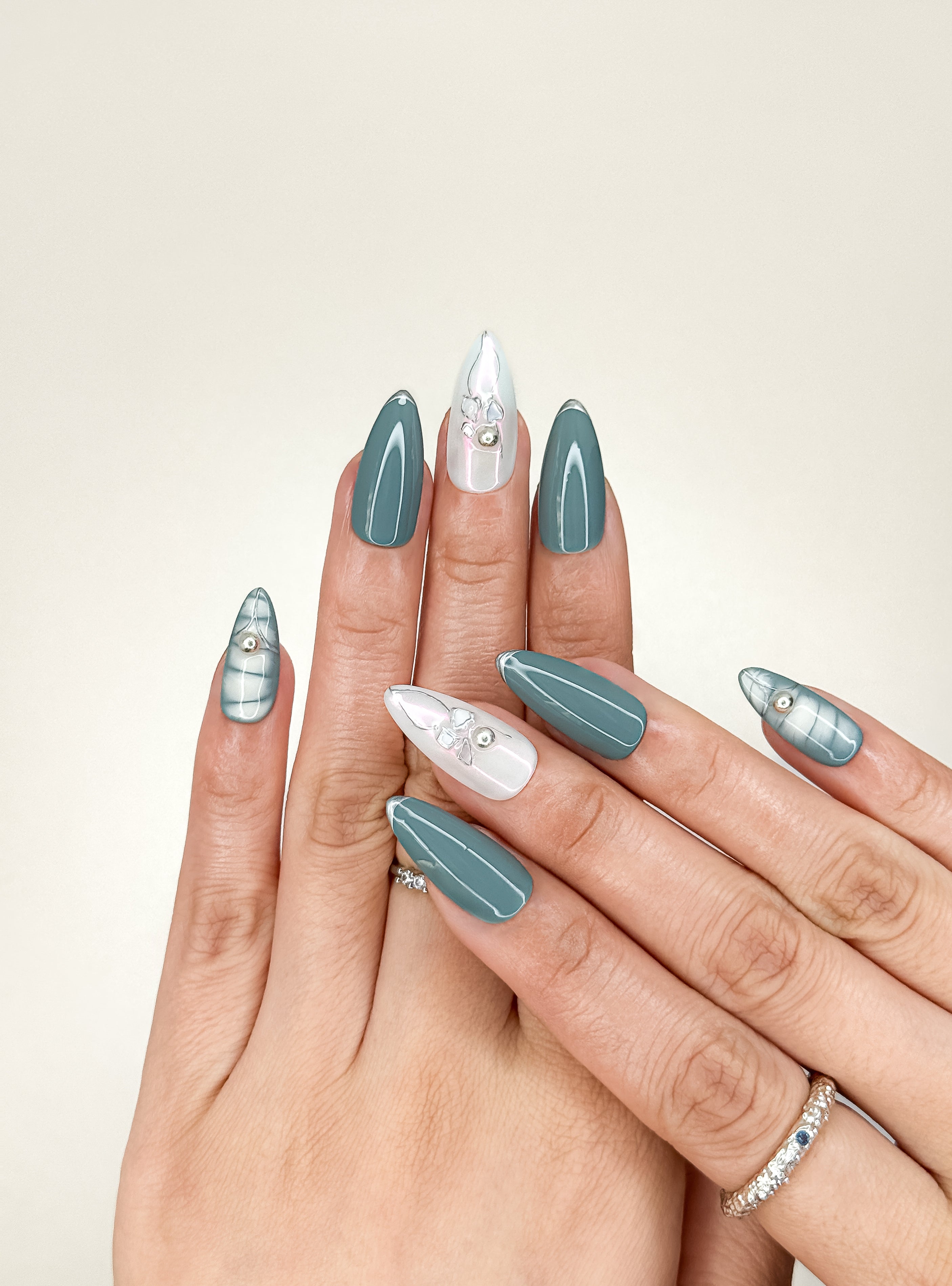 Sage Teal Plaid Pearl Long Almond Press-On Nails