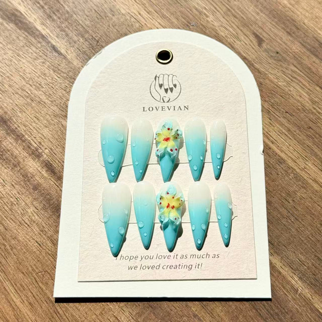 Ocean Bloom – Stiletto Press-On Nails with Blue Ombre, 3D Flowers & Water Drop Accents