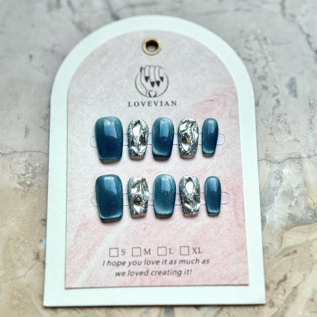Midnight Galaxy – Luxury Metallic Silver Sculpted Press-On Nails (Deep Teal Sparkle)