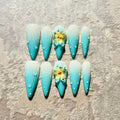 Ocean Bloom – Stiletto Press-On Nails with Blue Ombre, 3D Flowers & Water Drop Accents