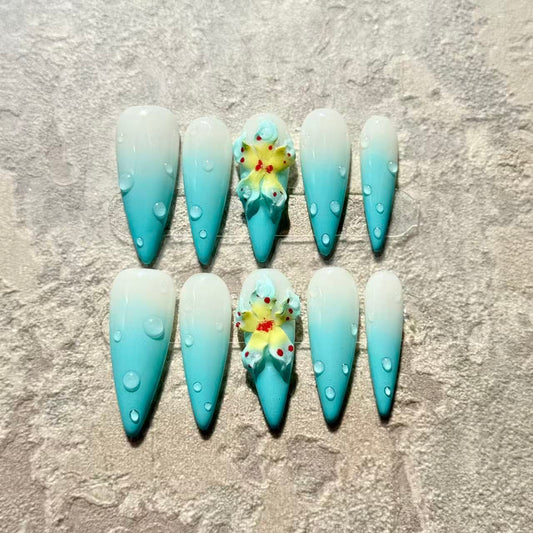 Ocean Bloom – Stiletto Press-On Nails with Blue Ombre, 3D Flowers & Water Drop Accents