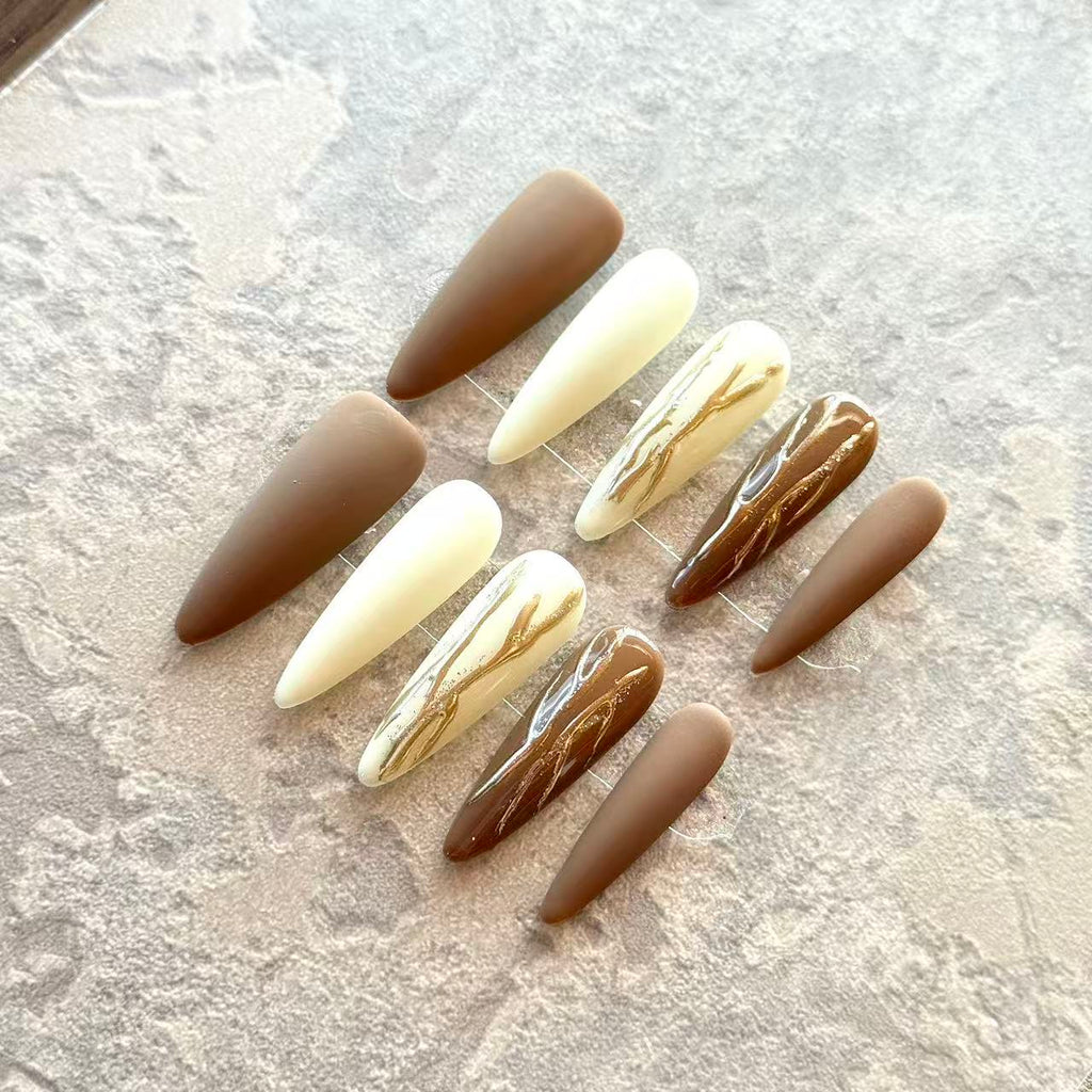 Terra Élégance – Brown & Ivory Marble Press-On Nails with Golden Veins