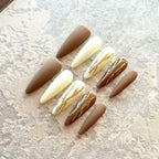 Terra Élégance – Brown & Ivory Marble Press-On Nails with Golden Veins