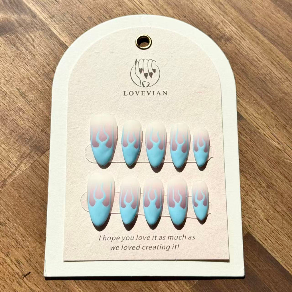 Blue Flame Vibes – Almond Press-On Nails with Matte Fire Design in Sky Blue & Pink