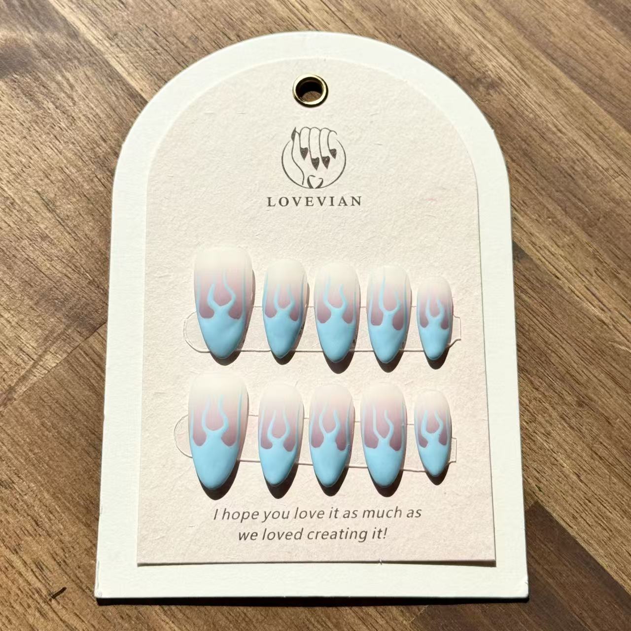 Blue Flame Vibes – Almond Press-On Nails with Matte Fire Design in Sky Blue & Pink