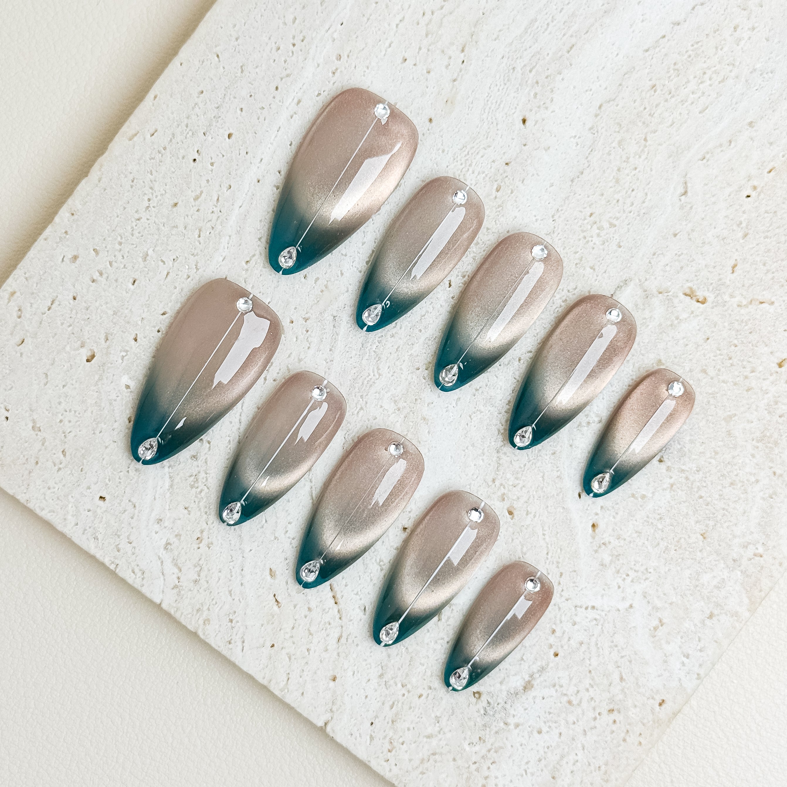 Nude Champagne Teal French Long Almond Press-On Nails