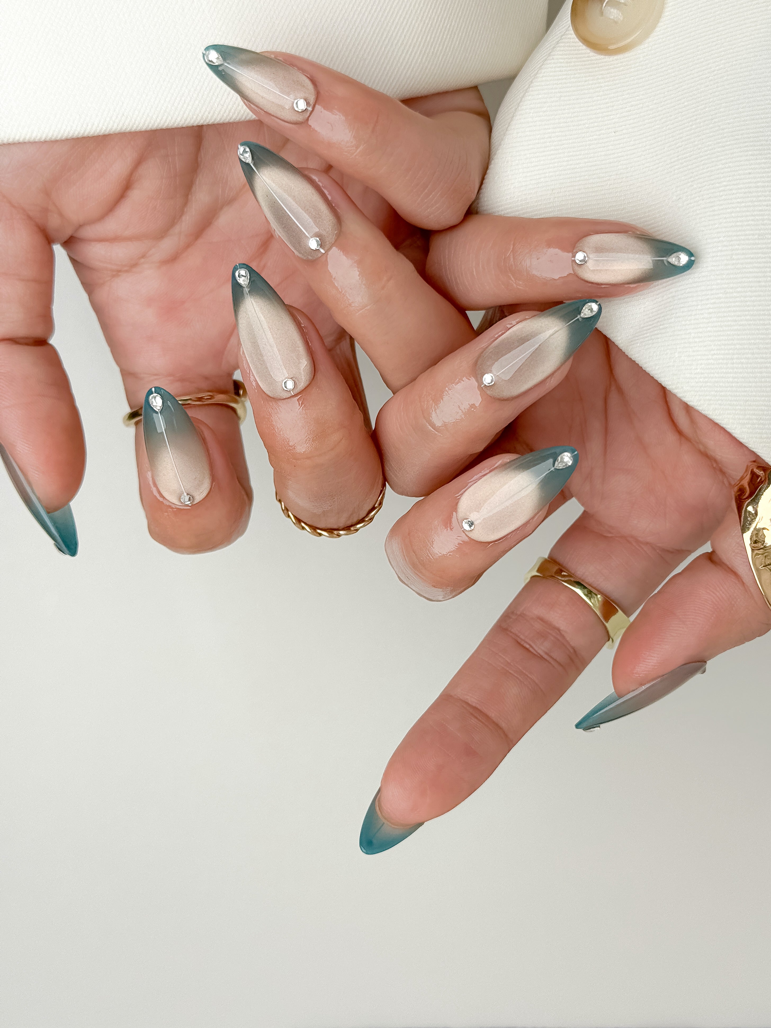 Nude Champagne Teal French Long Almond Press-On Nails