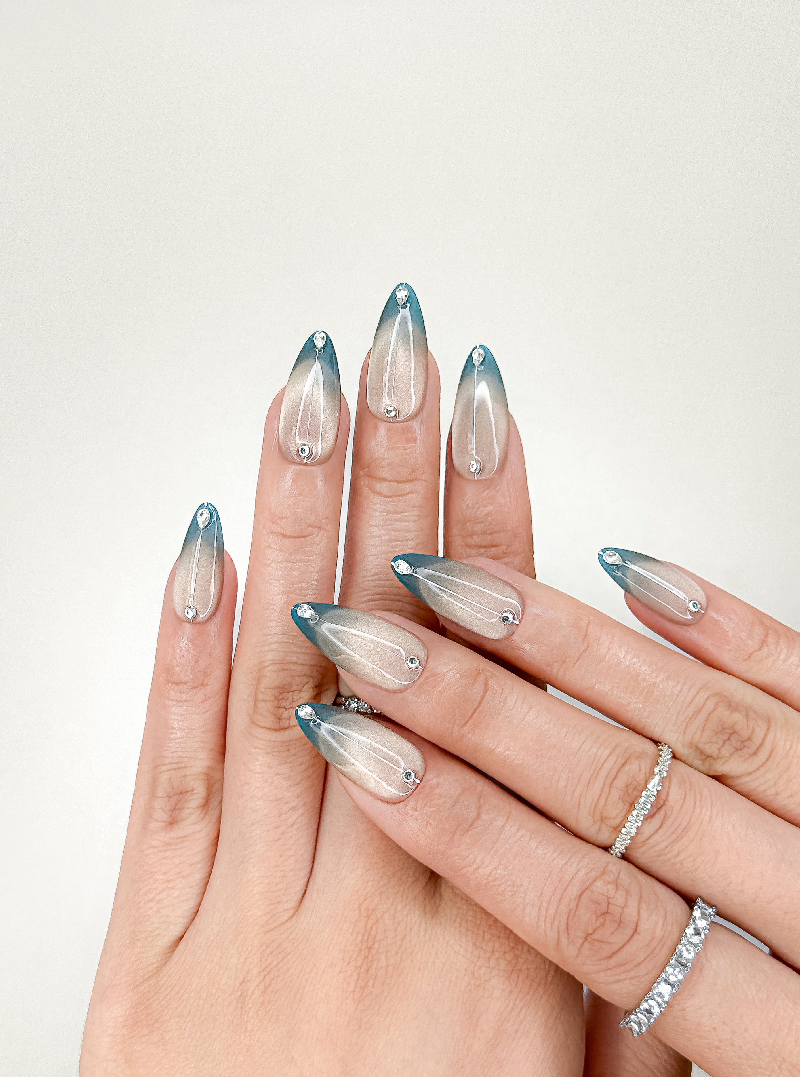 Nude Champagne Teal French Long Almond Press-On Nails