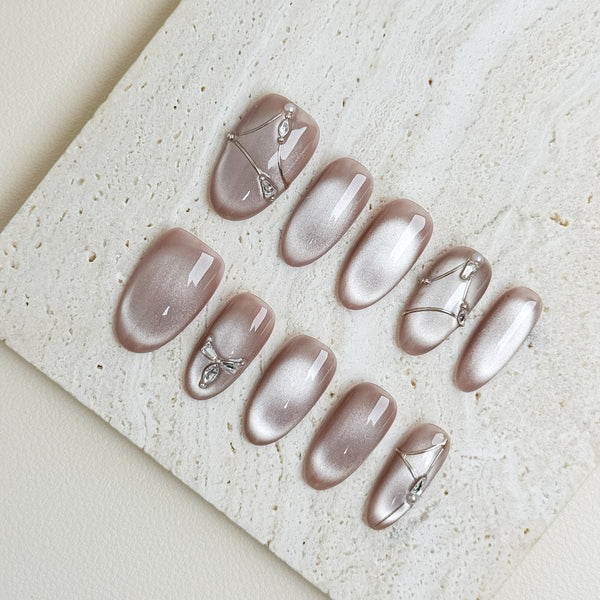 Blush Cat-Eye Office Short Almond Nude Pink Press-On Nails