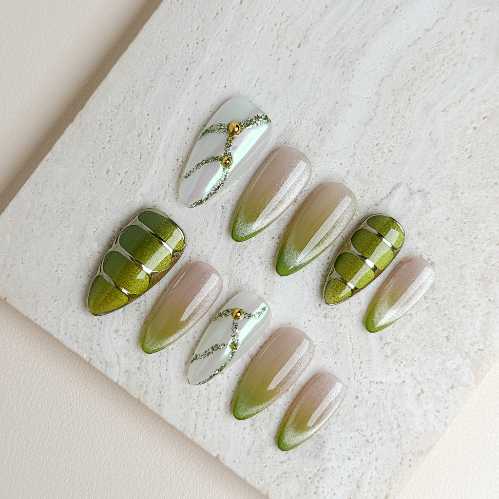Olive Glaze Medium Almond Press-On Nails – Nude Green French Handmade Nails