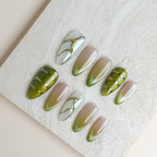 Olive Glaze Medium Almond Press-On Nails – Nude Green French Handmade Nails