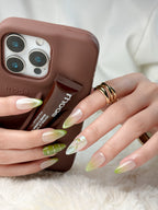 Olive Glaze Medium Almond Press-On Nails – Nude Green French Handmade Nails
