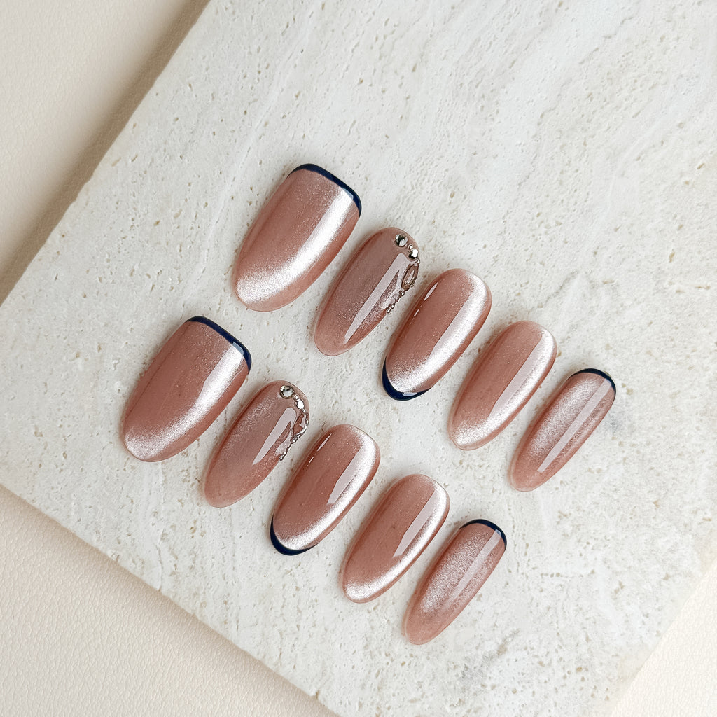 Navy Rosé Medium Almond Nude Pink Press-On Nails