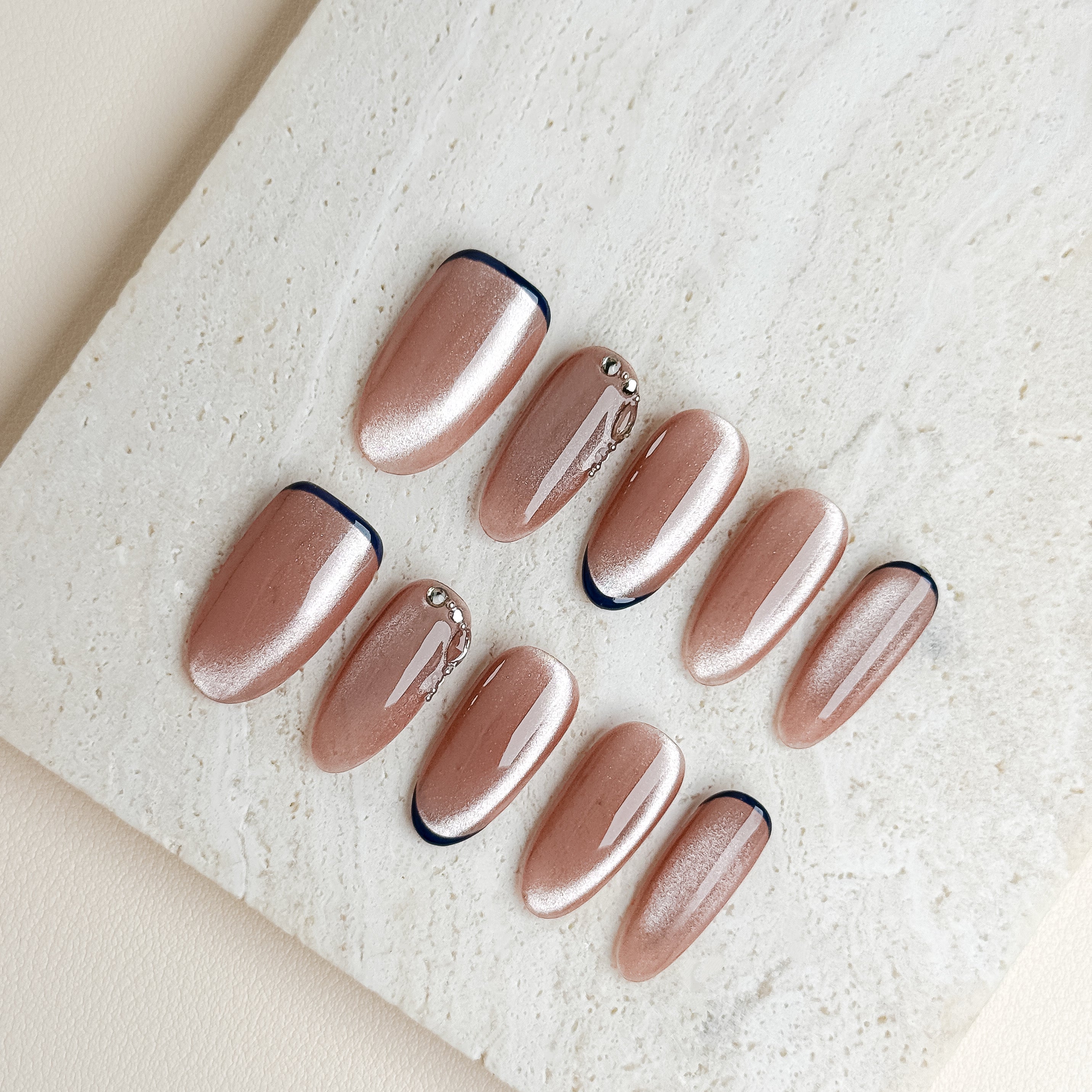 Navy Rosé Medium Almond Nude Pink Press-On Nails