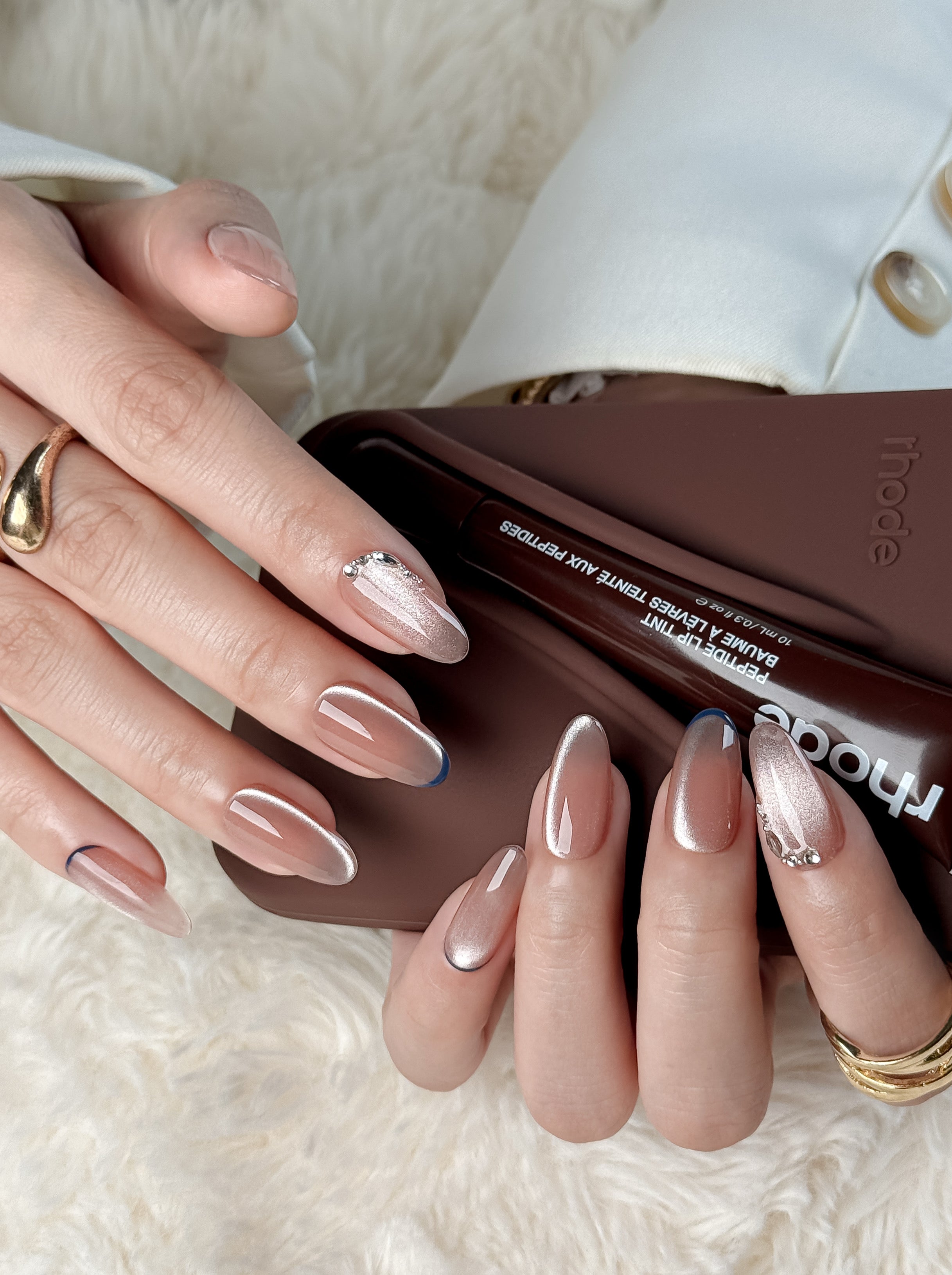 Navy Rosé Medium Almond Nude Pink Press-On Nails