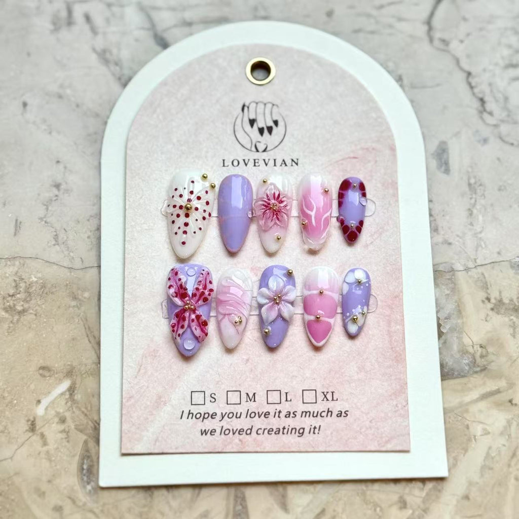 Lavender Bloom – Luxury 3D Flower Pastel Press-On Nails (Pink & Purple Almond)