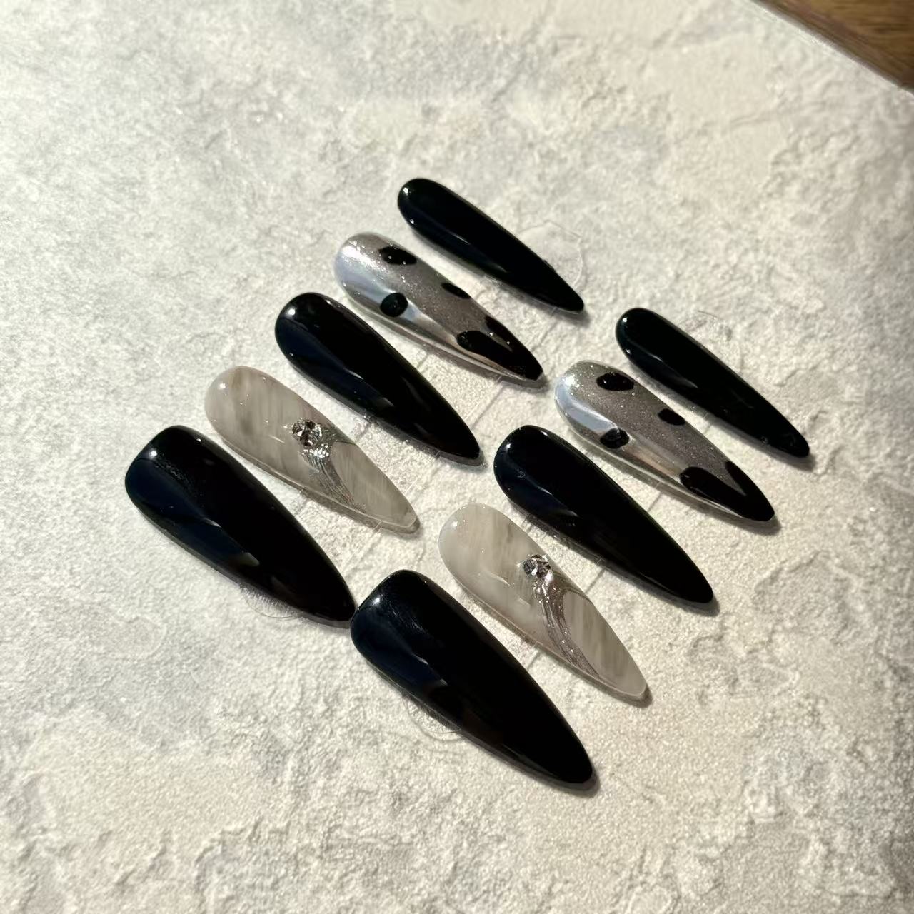 Midnight Marble – Stiletto Press-On Nails with Black Shine, Silver Accents & Marble Detail