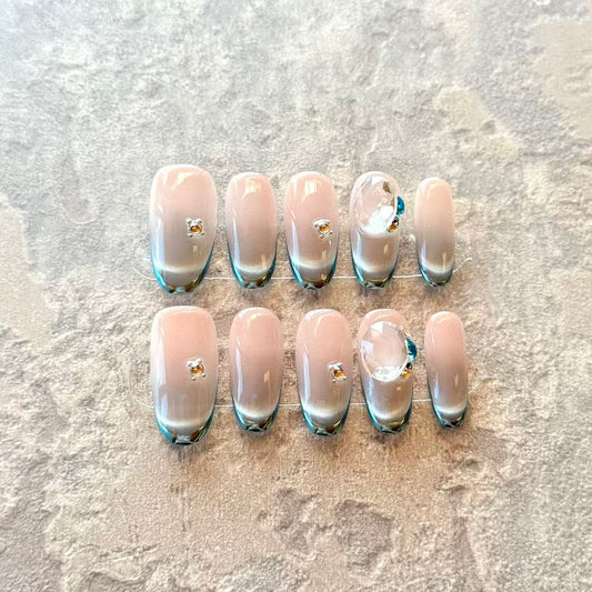 Cristal Éclat – Nude Ombre Luxury Press-On Nails with Crystal Diamond Accent – Squoval Shape