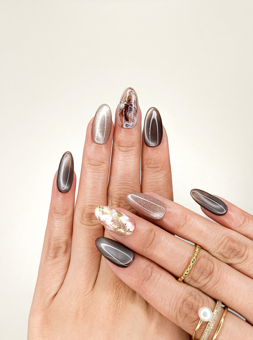 Mocha Bloom Medium Almond Press-On Nails