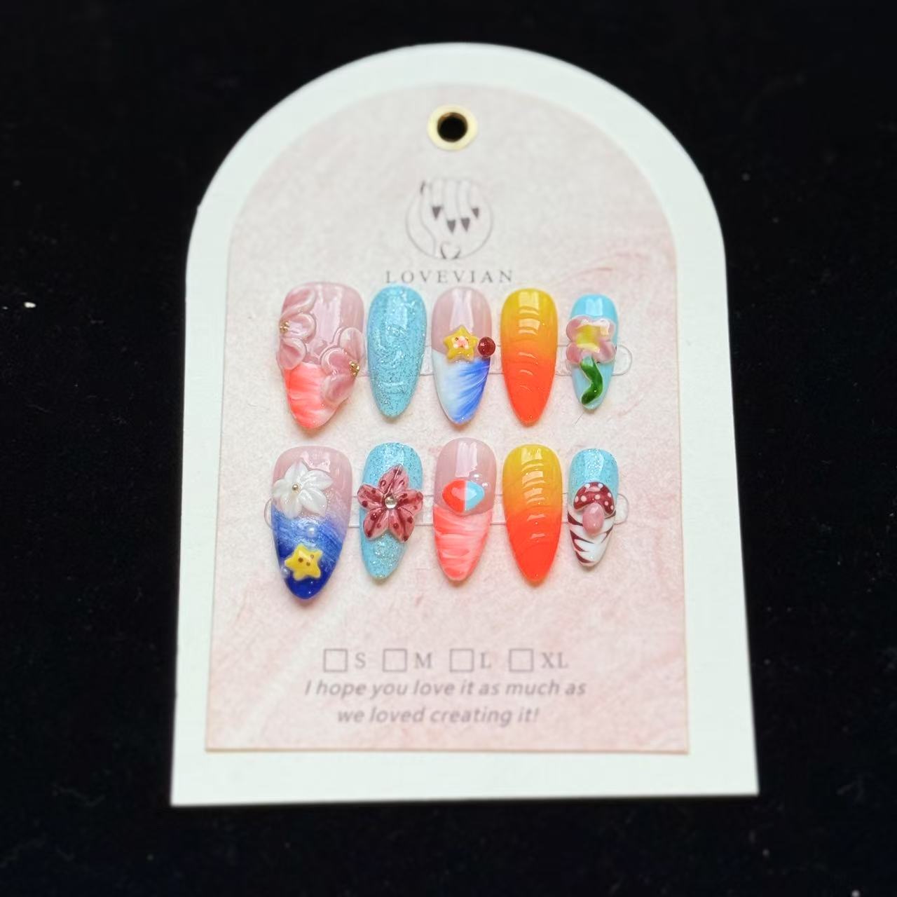 Summer Fantasy – Colorful Long Almond Press-On Nails with 3D Flowers, Seashells & Cute Charms
